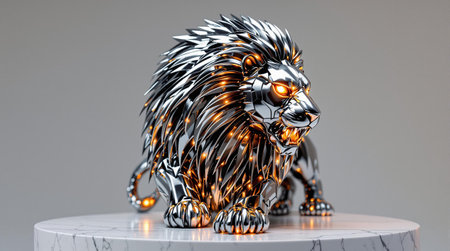 Futuristic metallic lion sculpture with glowing orange eyes on display.の素材
