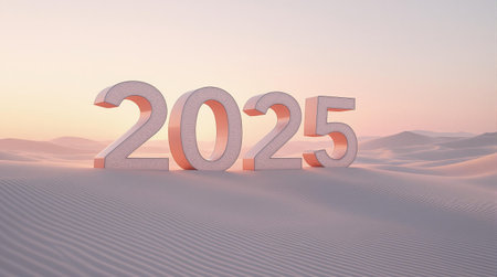 Serene desert landscape with 2025 in bold numbers at sunset.の素材
