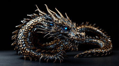 Intricate golden dragon sculpture with blue eyes on black background showcasing detailed scales.の素材