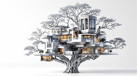 Futuristic treehouse architecture: eco-friendly design meets modern innovation.の素材
