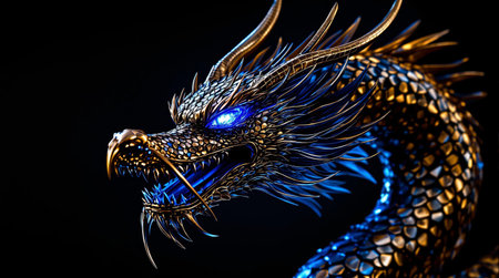Glowing blue metallic dragon with fierce expression.の素材