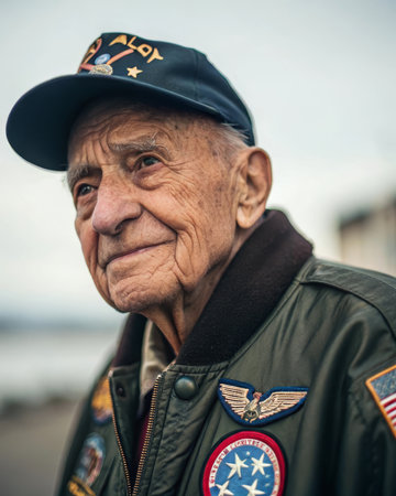 Proud veteran in uniform reminiscing outdoors in nature.の素材