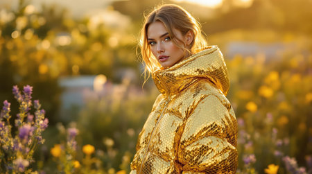 Young woman in shimmering gold jacket amidst vibrant wildflowers at sunset.の素材