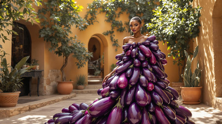 Fashion meets nature: woman in a unique eggplant gown surrounded by lush greenery.の素材