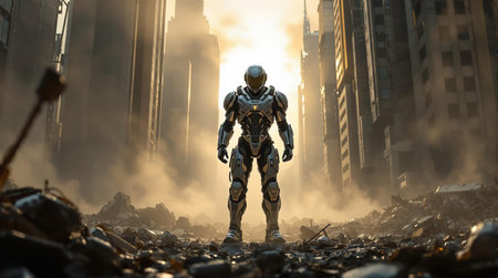Futuristic robotic warrior in a post-apocalyptic cityscape.の素材