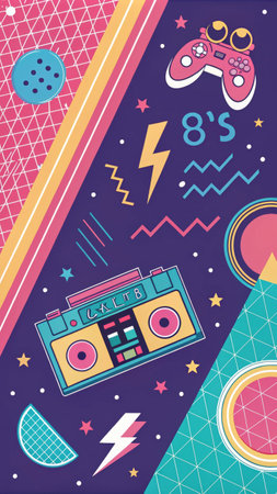 Retro 80s vibes: neon boombox, game controller, and bold geometric patterns.の素材
