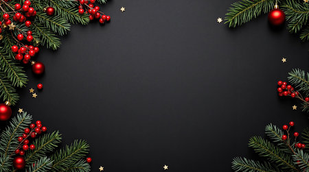 Festive holiday background with pine branches and red berries on black surface.の素材