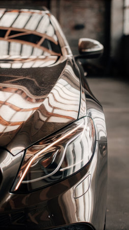 Luxurious modern car with reflective metallic surface in urban setting.の素材