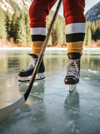 Close-up of hockey player on outdoor frozen lake with mountain backdrop.の素材