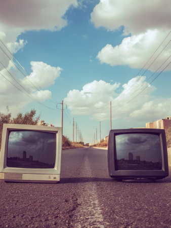Vintage monitors on rural road with cloudy sky reflections.の素材