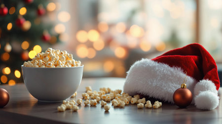 Festive holiday scene with santa hat, popcorn, and christmas ornaments.の素材
