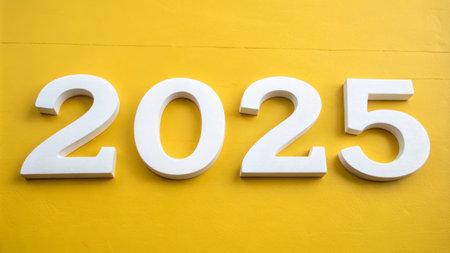 Bold 2025 numbers on bright yellow background: a modern graphic design element.の素材