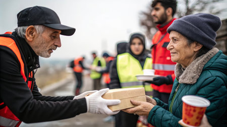 Volunteers distributing supplies to the community outdoors.の素材