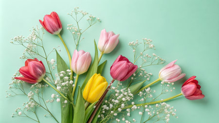 Vibrant tulip bouquet on mint green background with baby's breath accents.の素材