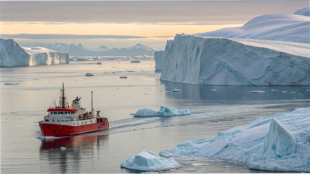Red icebreaker ship navigating majestic icebergs in arctic waters at sunset.の素材