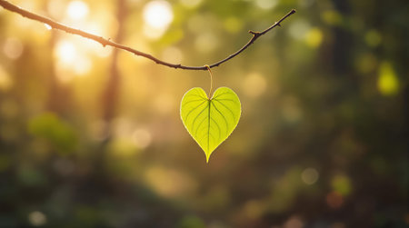 A heart-shaped leaf in a sunlit forest, representing nature's love and beauty.の素材