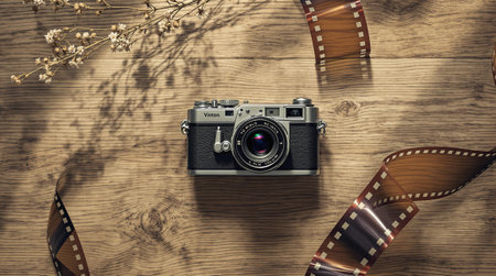 A flat lay view of a vintage camera, accompanied by a roll of film, capturing the essence of photography history.の素材