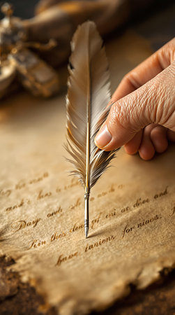 A vintage-themed image of a hand holding a feather quill pen above parchment. Perfect for writing or historical concepts.の素材