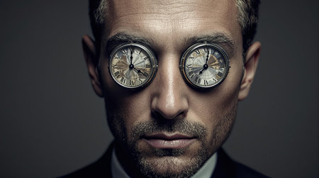 A surreal depiction of a man with intricately detailed miniature clocks for eyes, representing time and creativity.の素材
