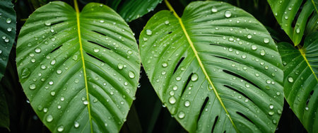 Vibrant green leaves with dew drops in a lush tropical setting.の素材