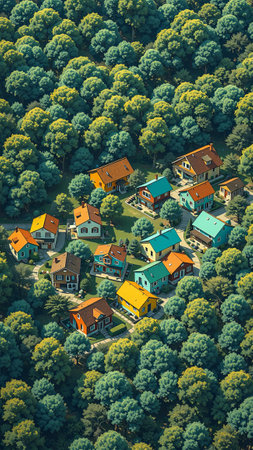 Charming colorful houses nestled in forested landscape capturing tranquil suburban living.の素材