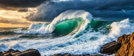Dramatic ocean wave crashing against rocky shore at sunset.の素材
