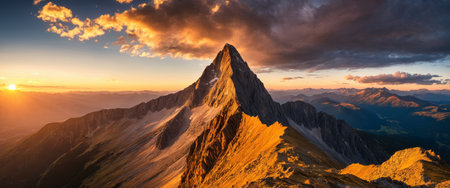 Majestic mountain peak at sunset with dramatic clouds and golden light.の素材