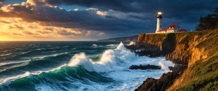 Majestic lighthouse overlooking rugged coastline at sunset with dramatic waves and stormy skies.の素材