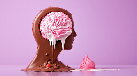 Melting chocolate sculpture with strawberry meringue brain on pink background.の素材