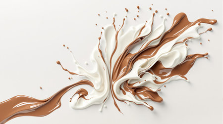 Dynamic swirl of chocolate and milk splashing on a white background.の素材