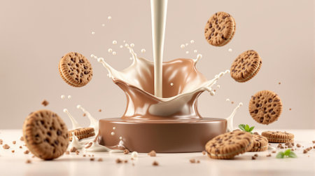 Cookies falling into splashing milk and chocolate with biscuits and floating mint leaves.の素材