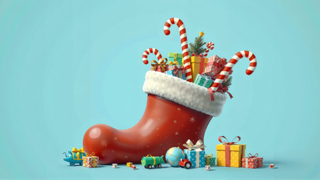 Festive christmas boot overflowing with candy canes and gifts against blue background.の素材
