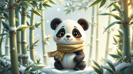 Adorable panda cub with scarf in snowy bamboo forest.の素材