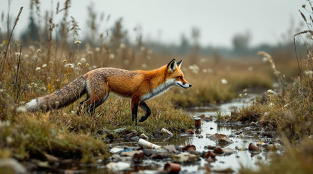 Red fox exploring polluted wetlands amidst autumn grasses.の素材