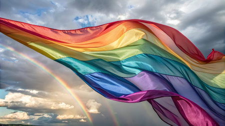 Vibrant rainbow flag waving against a dramatic cloudy sky with double rainbow.の素材