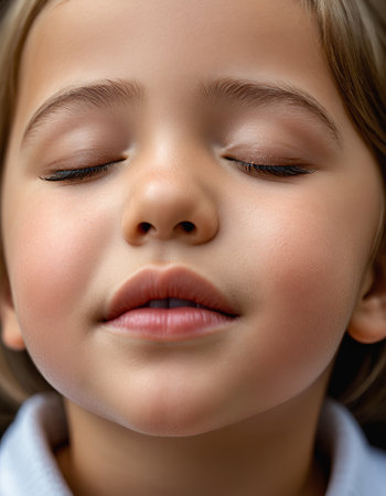 Serene young child with closed eyes in deep relaxation close-up portrait.の素材