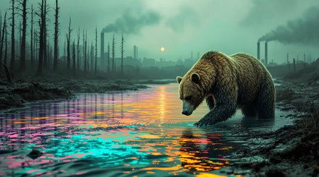 Bear in polluted landscape: reflection of environmental challenges.の素材