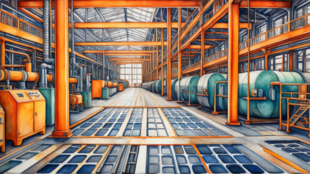 Modern industrial factory interior with machinery and steel structures.の素材