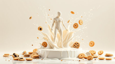 Abstract splash of milk with human figure and scattered cookies.の素材