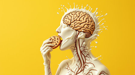 Surreal human form with brain exposed eating cookie on yellow background.