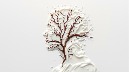 Surreal face silhouette with tree branches emerging from liquid surface.の素材