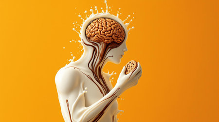Creative concept of human brain and mind with splashes and vibrant orange background.の素材
