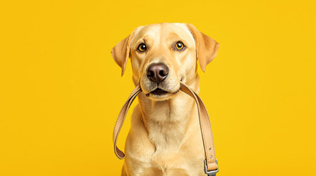 Yellow labrador with leash against vibrant yellow background.の素材