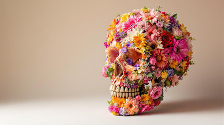 Floral skull art: vibrant blossoms and skulls encounter.の素材