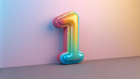 Vibrant rainbow gradient number one balloon against soft pastel background.の素材