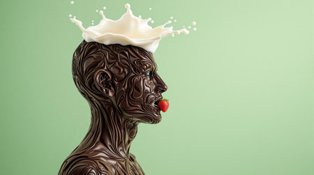 Surreal chocolate human with milk splash and strawberry on green background.の素材