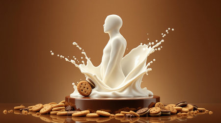 Surreal milk sculpture with cookie splash on brown background.の素材