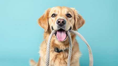 Happy golden retriever holding a leash in soft blue background.の素材