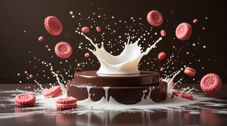 Exploding milk splash and cookies with rich chocolate cake.の素材