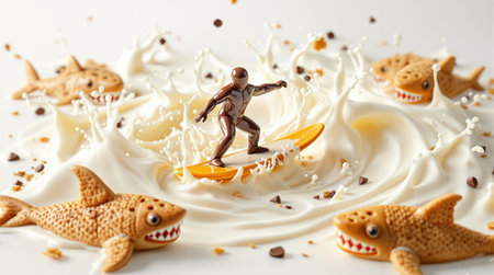 Surfer toy riding milk wave amidst cookie sharks.の素材